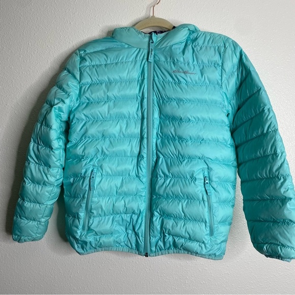 Eddie Bauer Duck Down Feather Reversible Hooded Nylon Puffer‎ Jacket Girl’s L - Picture 1 of 9